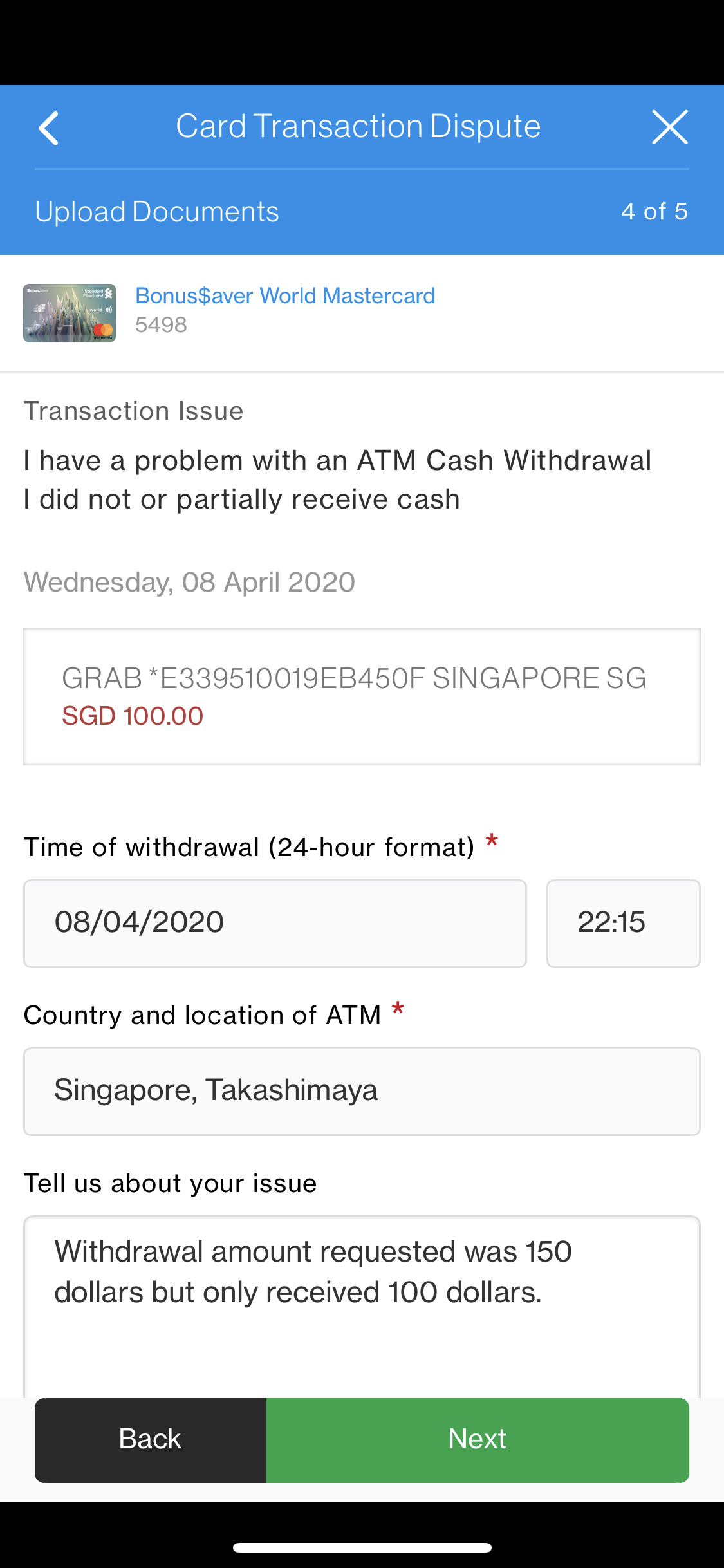 ATM Cash Withdrawal issues Standard Chartered Singapore