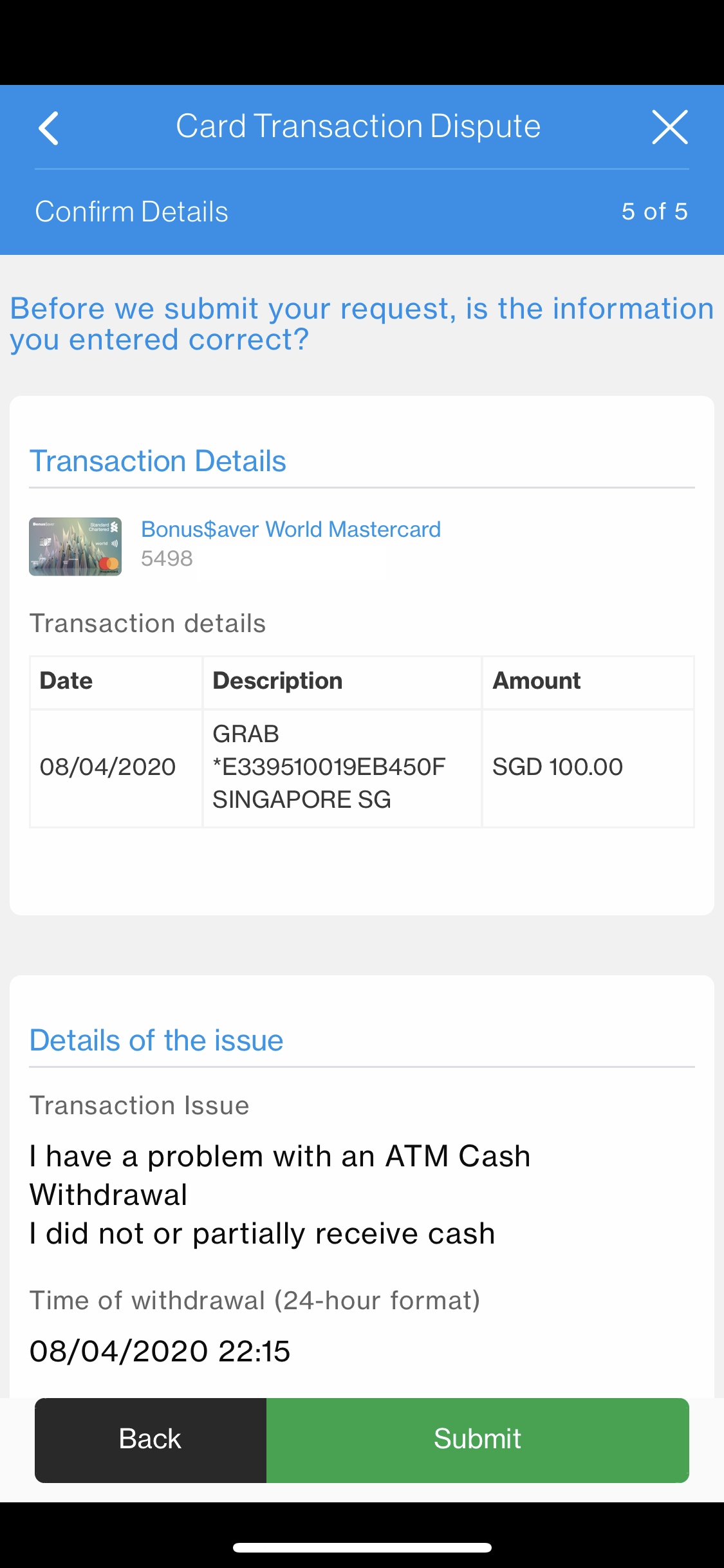 ATM Cash Withdrawal issues Standard Chartered Singapore
