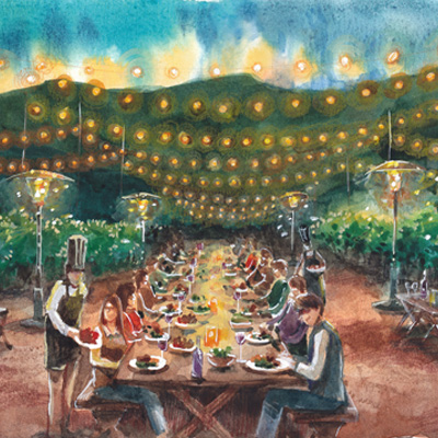 A painting of people dining on a long table