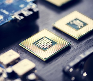 Closeup of electronics computer components microprocessors mainboard